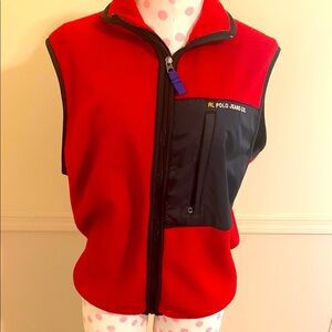 Polo Ralph Lauren vest red fleece ZipUp Sz Med front & huge back Pocket LIKE NEW